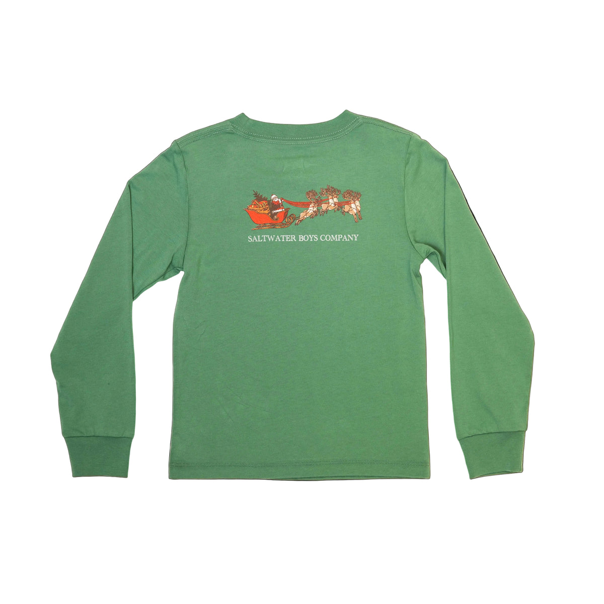 A green long-sleeve t-shirt laid flat on a light cream background, featuring a graphic of Santa Claus in a red sleigh with the text 'SALTATER BOYS COMPANY' underneath.