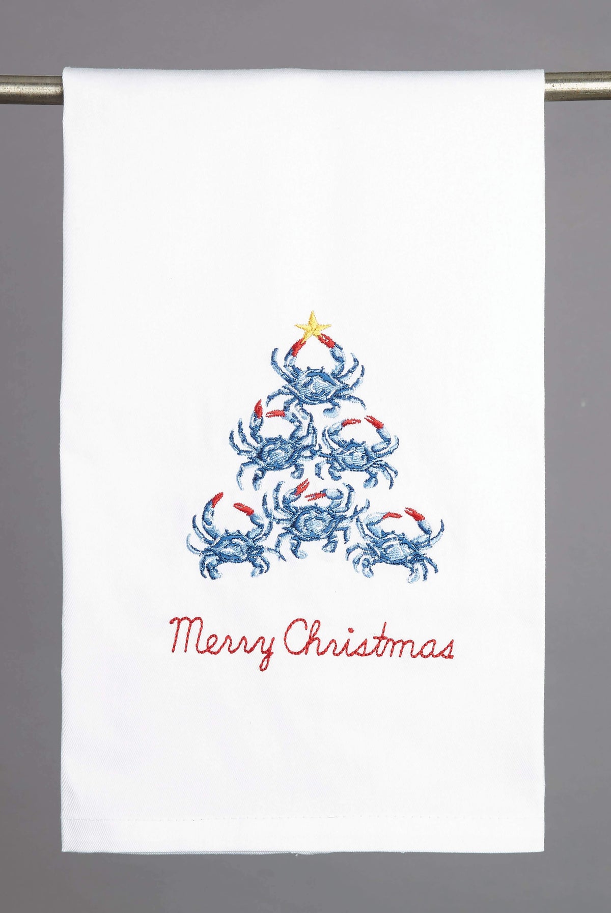Blue Crab Christmas Tree Embroidered Kitchen Towel