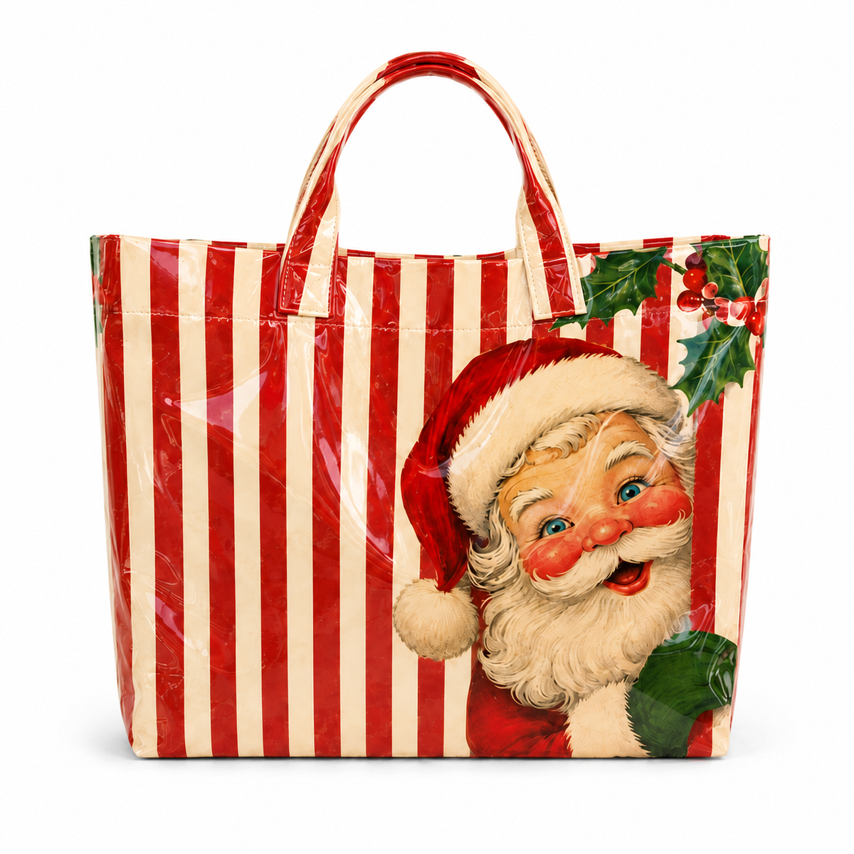 Vintage Santa Striped Holiday Coated Canvas Tote