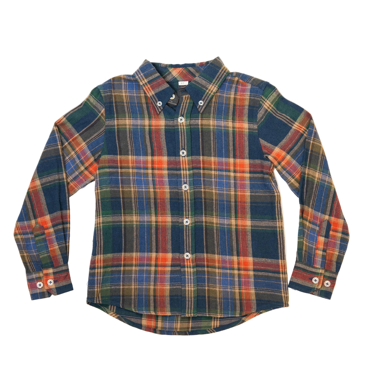 A long-sleeve button-down plaid shirt laid flat on a light off-white background. The shirt features a multi-colored tartan pattern with navy blue, green, orange, and yellow stripes.