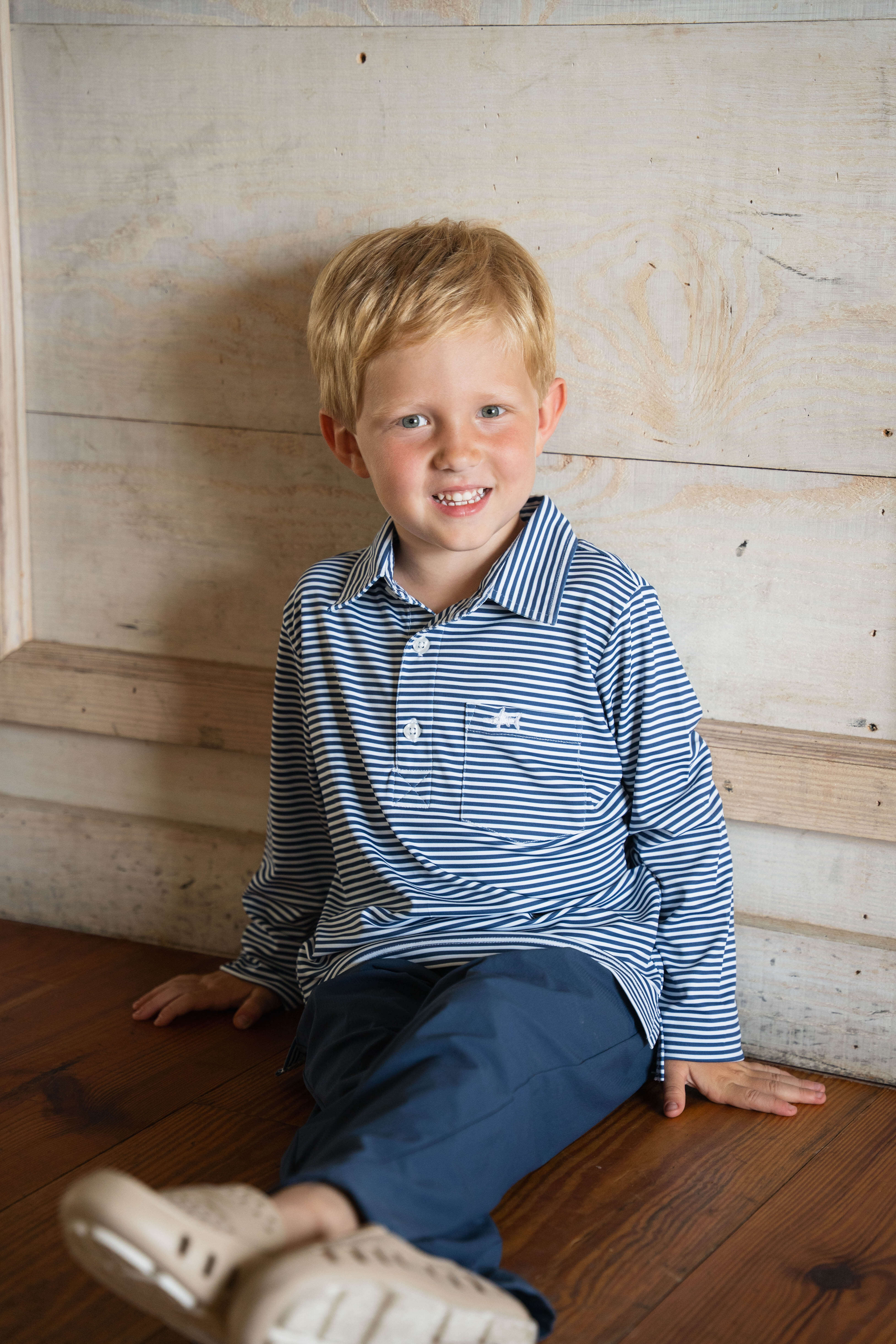 Inshore Boys Performance Polo LS Navy Stripe  