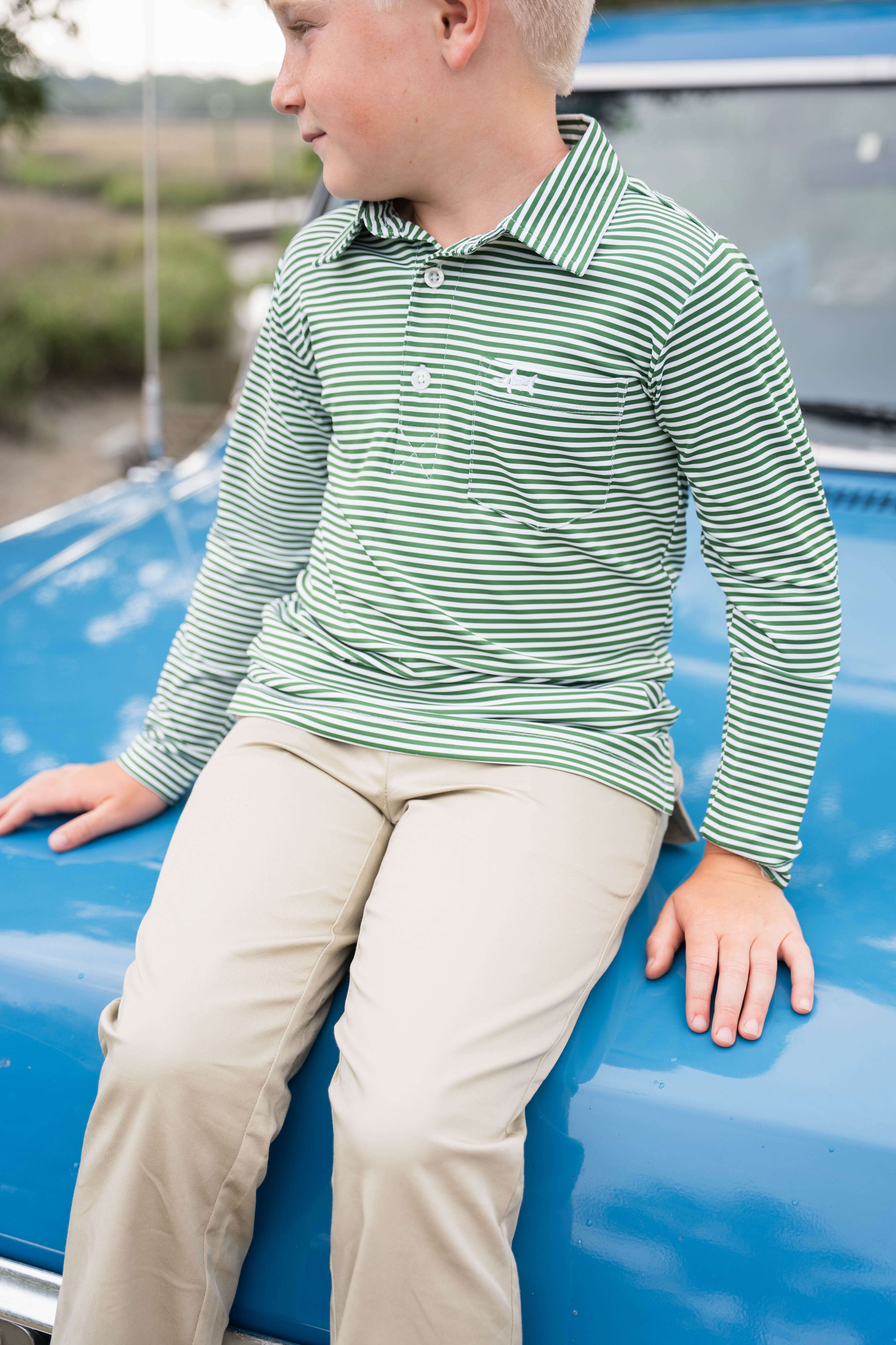 Inshore Boys Performance Polo LS Green Stripe
